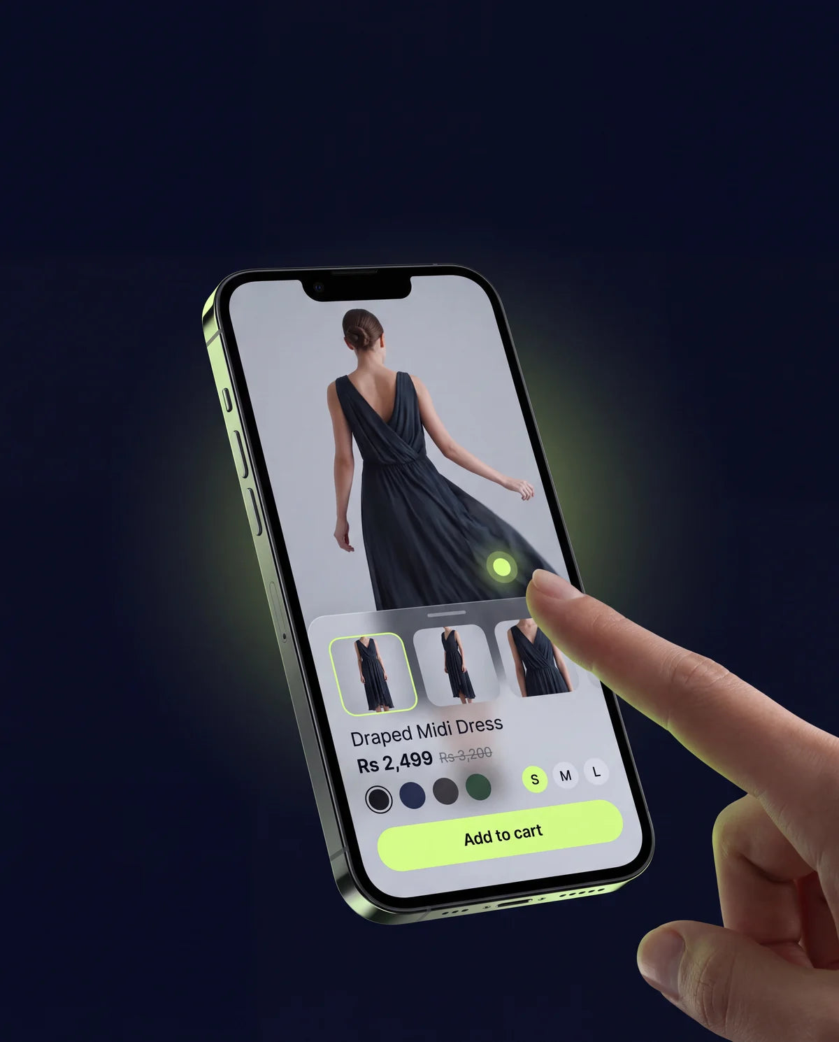 A phone showing a product detail sheet rising over a fashion reel, with a finger tapping a tagged product