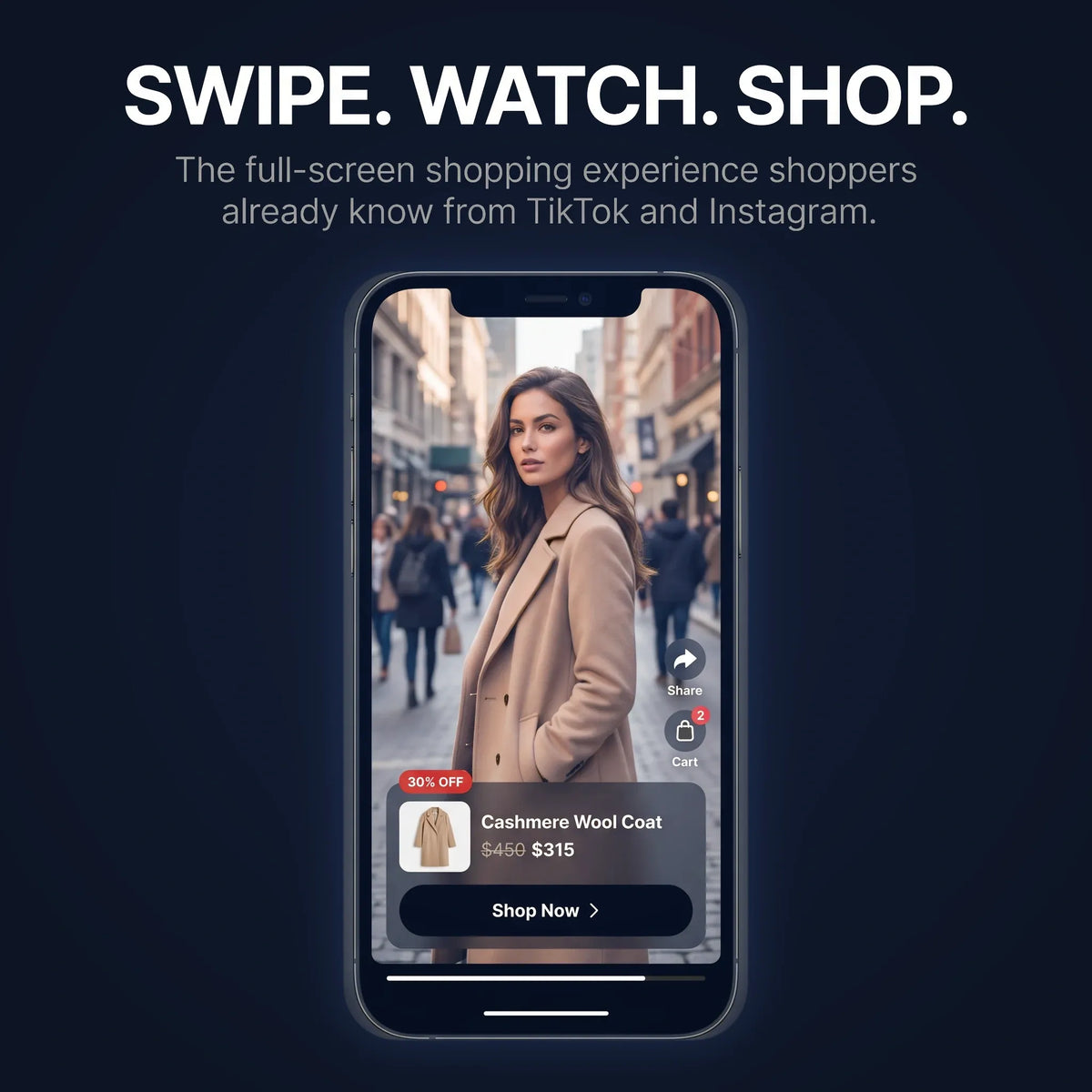 Mobile shopping flow: swipe through vertical product videos and add to cart without leaving the reel