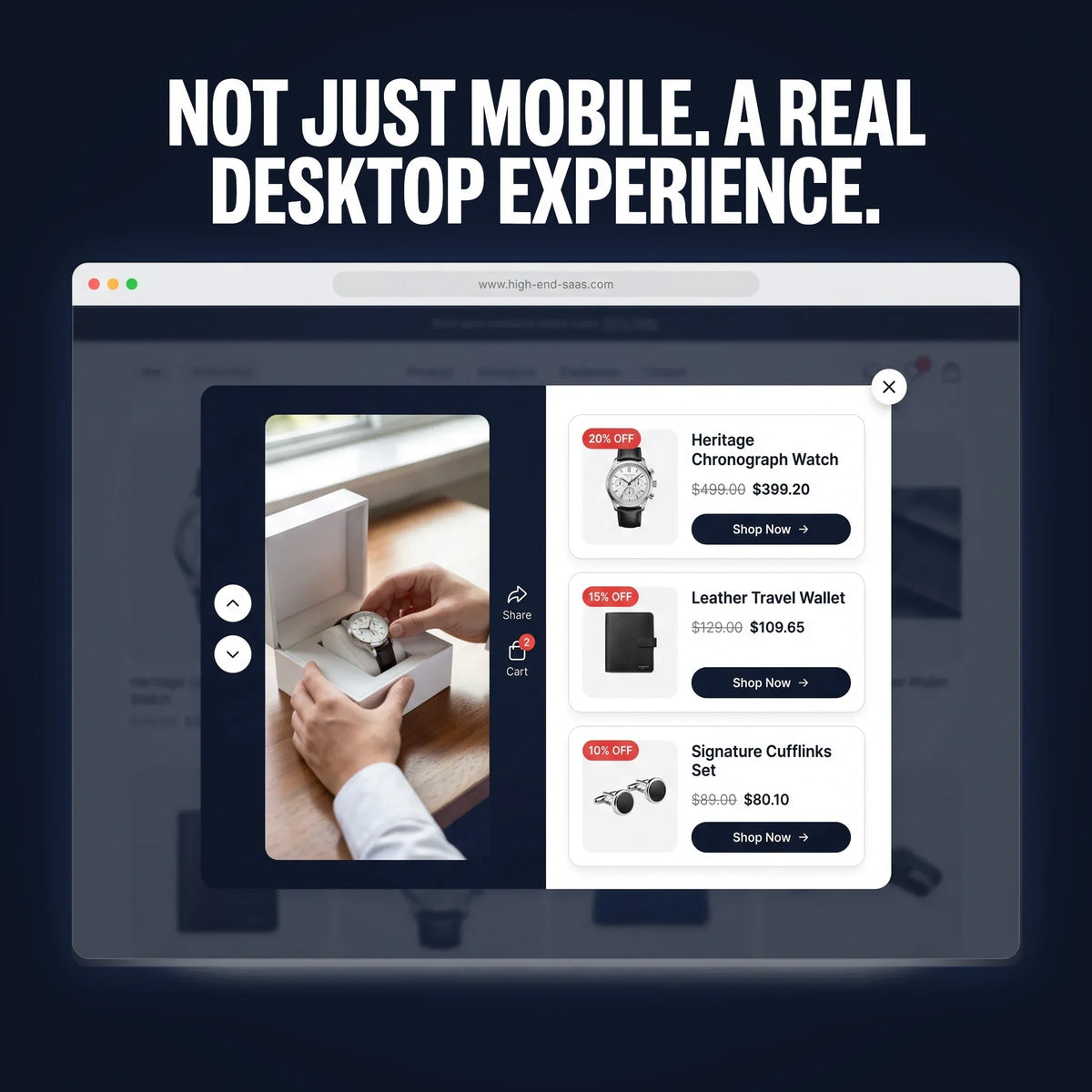 Desktop view of the shoppable video player opening in a full-screen modal with the product buy button