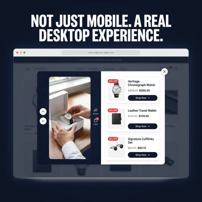 Desktop view of the shoppable video player opening in a full-screen modal with the product buy button
