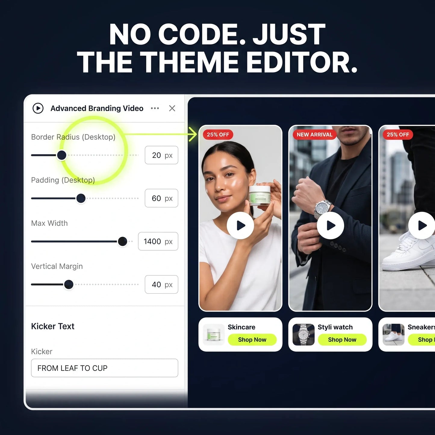 Shopify theme editor showing the shoppable video section settings and per-video product picker