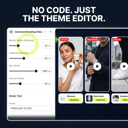 Shopify theme editor showing the shoppable video section settings and per-video product picker