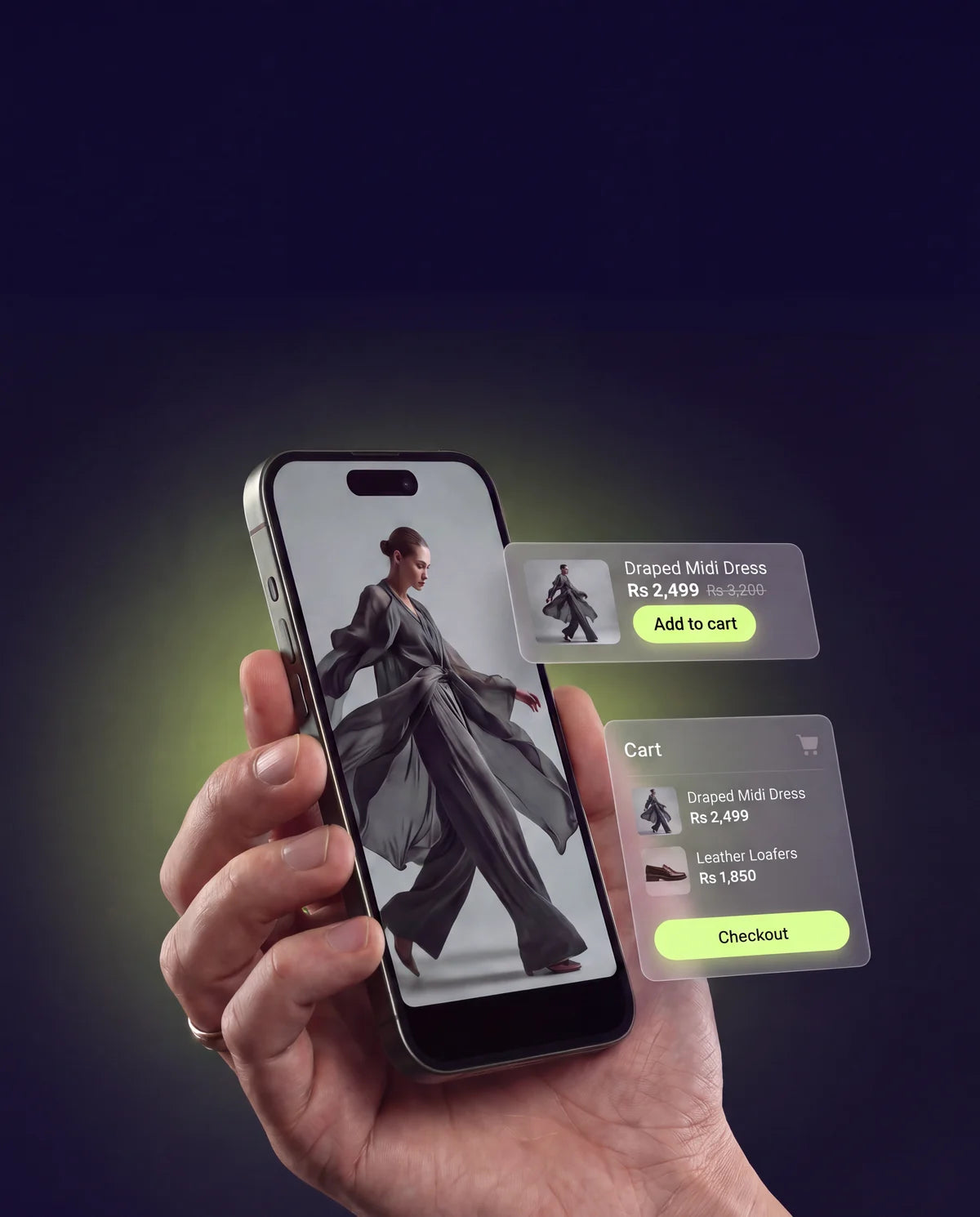 A hand holding a phone playing a shoppable fashion reel, with a product card and cart panel floating beside it