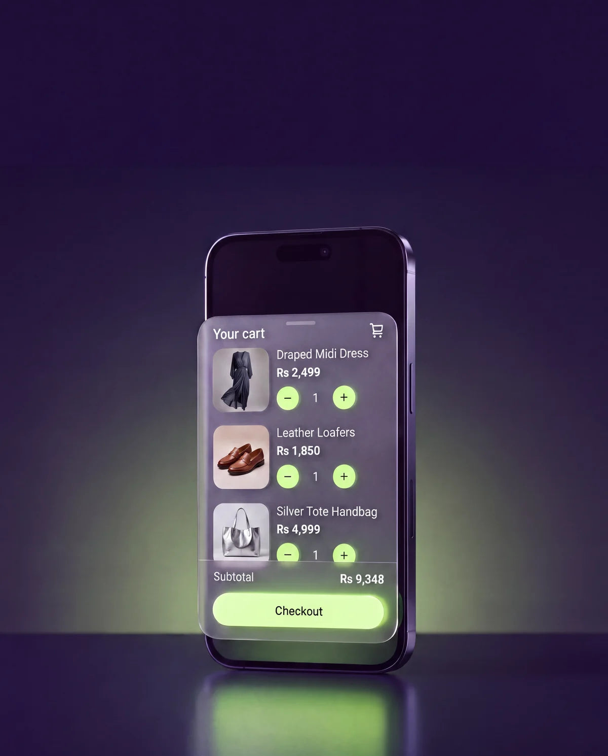 A phone with an open cart drawer showing three products and a subtotal, with a glowing checkout button